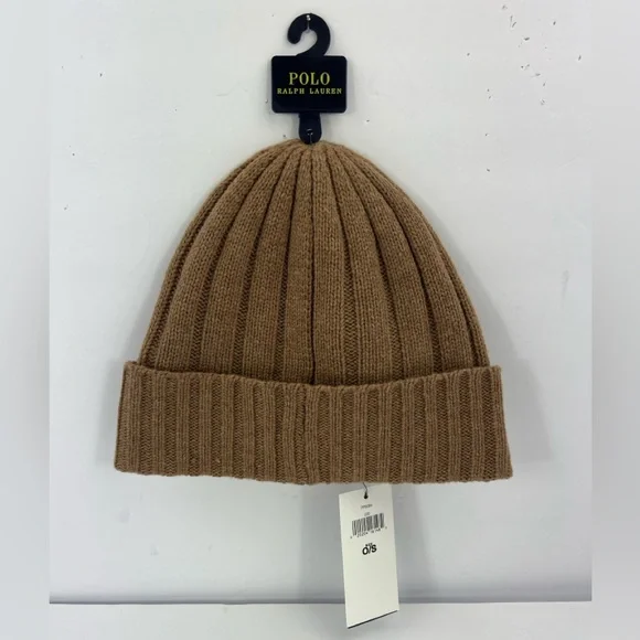 POLO RALPH LAUREN, LIGHT BROWN BEANIE, ONE SIZE FITS, 50% WOOL 50% NYLON, UNISEX - Picture 9 of 17